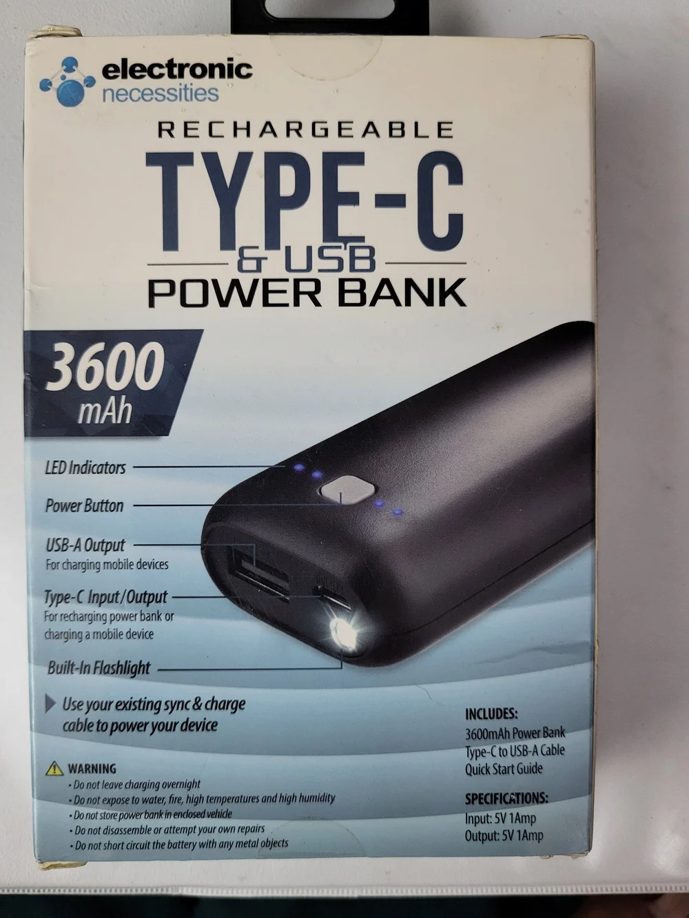Type-C & USB Power Bank 3600mAh - Black